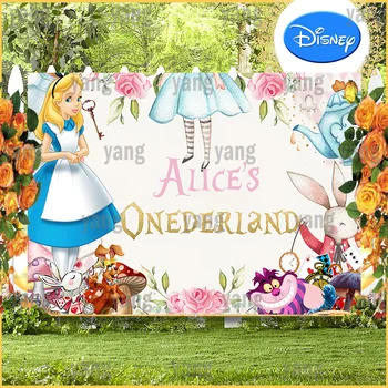 Disney Alice In Wonderland Teema Fotograafia Taustaks Baby Shower Õnnelik Tüdruk Sünnipäev Cartoon Teenetemärgi Taustaga Banner