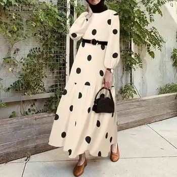 ZANZEA Naiste Dubai Türgi Abaya Hijab Kleit Islami Riided Kauhtana Marocain Eid Mubarek Vintage Polka Dot Trükitud Moslemi Kleit