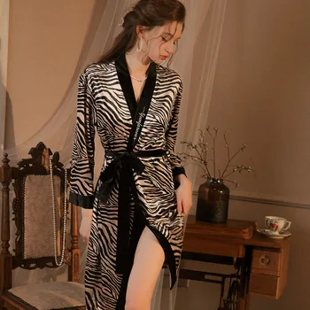 Seksikas Leopard Zebra Print Rüü Kleit Naiste Sügis Sleepwear Veluur Kimono Hommikumantel Nightgowns Pruudi Pulmas Riideid Intiimne Pesu