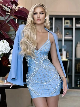 Seksikas Spagetid Rihm Beaded Teemandid Bodycon Sidemega Kleit 2022 Uus Suvine Naiste Elegantne Celebrity Club peokleidid