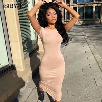 Sibybo Must O-kaeluse Suvine Pikk Kleit Naiste Lühikesed Varrukad Bodycon Seksikas Maxi Kleidid 2021 Femme Streetwear Põhi-Slim Vestidos