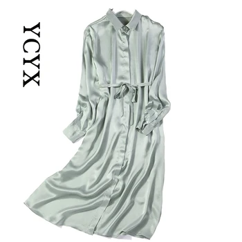 kleidid naistele satiin pikad varrukad vestidos elegantes para mujer klassikaline keera krae juhuslik naine disainer YCYX026