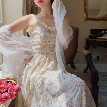 Spagetid Rihm Kleit Naiste Prantsuse Elegantne Vintage Õie Kleit Magus 2022 Suvel Moe Rõivad Pool Ühes Tükis Kleit Korea