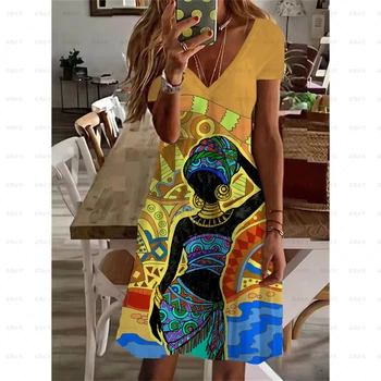Seksikas Tüdruk Midi-Aafrika Kleidid Naistele Bohemian 3D õhtukleit Naine Sale Gooti Naiste Mood Pool Dress Street V-Kaeluse Põlve