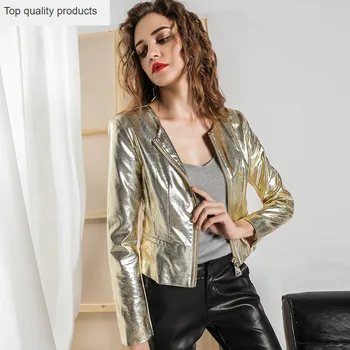 Brändi 2020. aasta Euroopa Fashioon Kuld Pu Nahast Jakid Naiste Lukuga Mootorratta Naiste nahktagi Lühike Pehme Karv Outwear