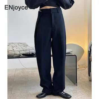 Vintage Laotama Ülikond Püksid Naiste Kokkupandav Disain Kõrge Vöökoht Püksid Asukoht Daamid Korea Stiilis Lahtine Lai Jalg Sirge Langevad Püksid