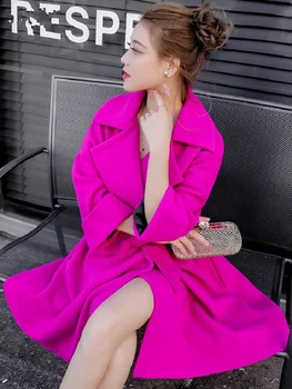 Roos Roosa Pikk Villane Mantel Naistele Korea Stiilis Talve Elegantne Tiivad Töö Kontoris, Kašmiir Villaseid Naiste Mantel Casual Liiga Outwear
