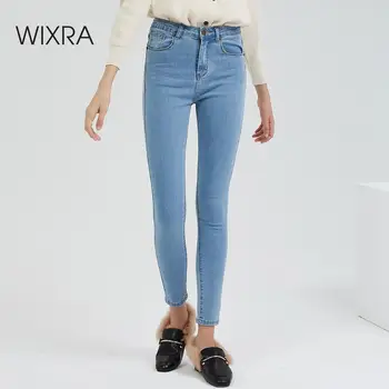 Wixra Basic Teksad Vintage Sobi Kõrge Vöökoht Tõmmatud Teksad Femme Naiste Pestud Sinine Denim Skinny Klassikaline Pliiats Püksid Püksid