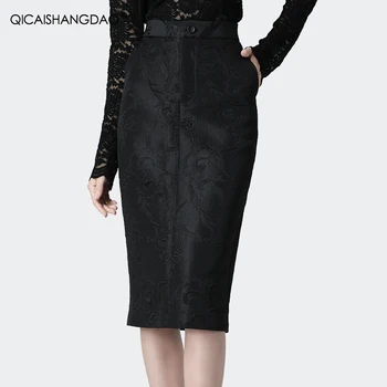 Vintage Mustad Tikitud Jacquard Naiste Pliiats Seelik Kõrge Vöökoht Pikk Naine Sügis Seelik Pluss Suurus Daamid Office Outwear Seelikud
