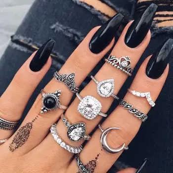 11pcs/Set Bohemian Kuu Vait Rõngad Komplekt Naistele crystal sõrme Sõrmus Lady Fashion Pool Ehted