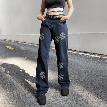 Streetwear korea Uus Stiil Naiste Püksid Retro Must Dollari Kuum Rhinestone Kõrge Vöökoht Sirged Teksad Draping Vabaaja Püksid