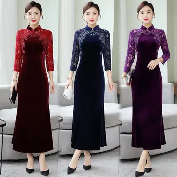 2022 traditsiooniline hiina samet kleit qipao daamid õhtul kleit cheongsam naised, pruut õhtu kleit elegantne lill cheongsam