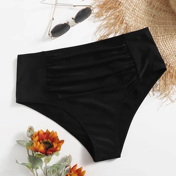 Tahke Must Ruched Pluss Suurus Kõrge Vöökoht Bikini Bottom Naiste Eraldi Ujumine Sukkpüksid Lühike 4XL trikoo Supelrõivad