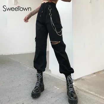 Sweetown Goth Black Cargo Püksid Naiste Punk Stiilis Metallist Kett Tüdruk Riided Zip Avatud Hipi Elastne Kõrge Vöökoht Streetwear Jogger
