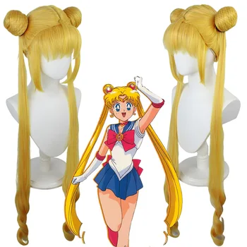 Uus Sailor Moon Usagi Tsukino Pikad Lokkis Blondid Topelt Hobusesaba Sünteetiline Cosplay Parukas Tüdruku Kostüüm Pool